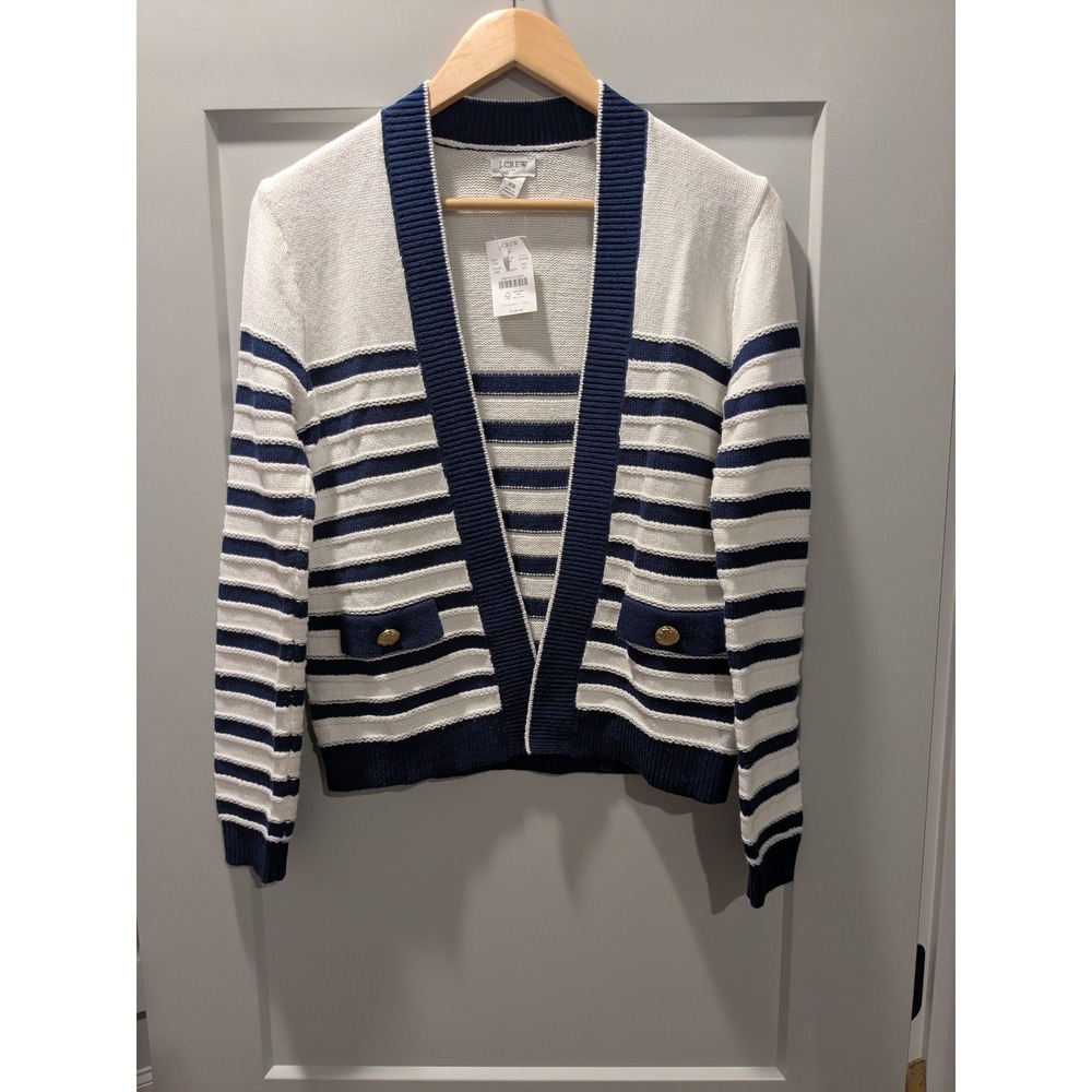 NWT $128 J.Crew Nautical Stripe Knit Cardigan Sweater White Blue Gold Button XS